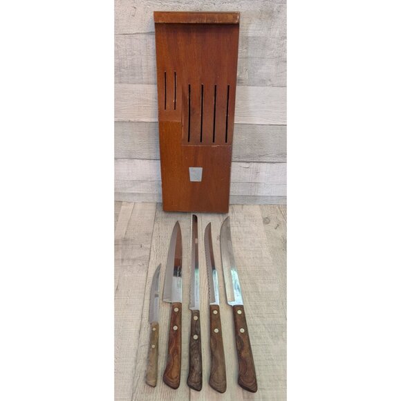 Vintage Flint Stainless Steel Knife Set With Wood Handles & Wooden Storage Block - Picture 1 of 11